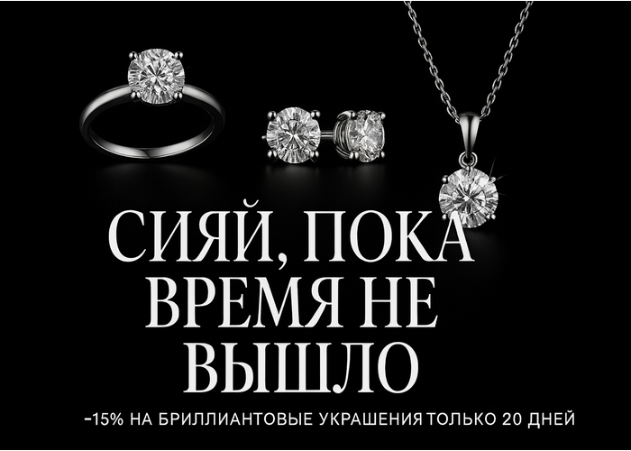 Сияй без компромиссов — скидка -15% на бриллианты! Сияй без компромиссов — скидка -15% на бриллианты!