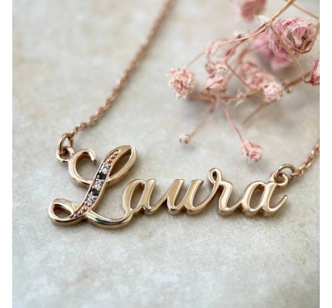 Gold pendant with name on chain with cubic zirconia 320110-0.3фчб Laura