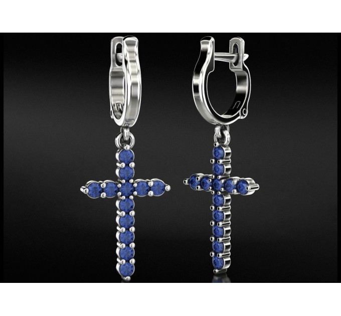 Mono earring gold Cross with Sapphire 223130CАПФ. Photo-N]