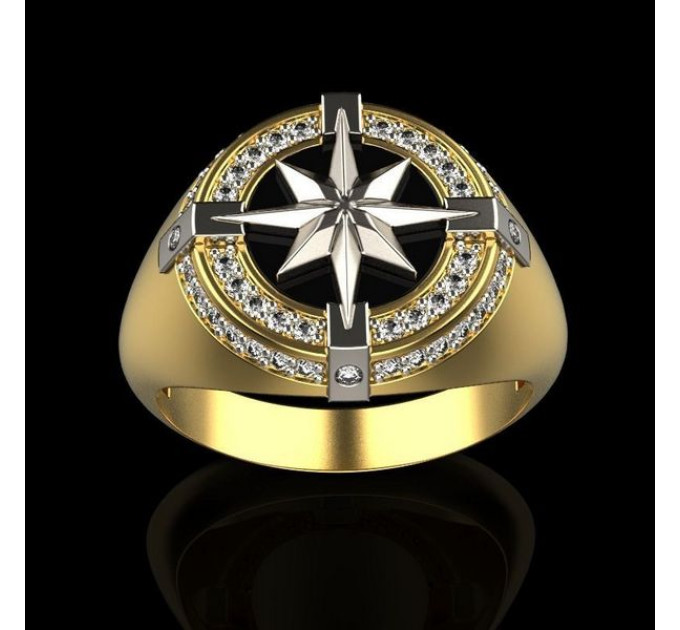 Men's signet Wind rose gold 585 with onyx and cubic zirconia 903120onfb - Men's rings from Jewelry Arts. Photo No. 1